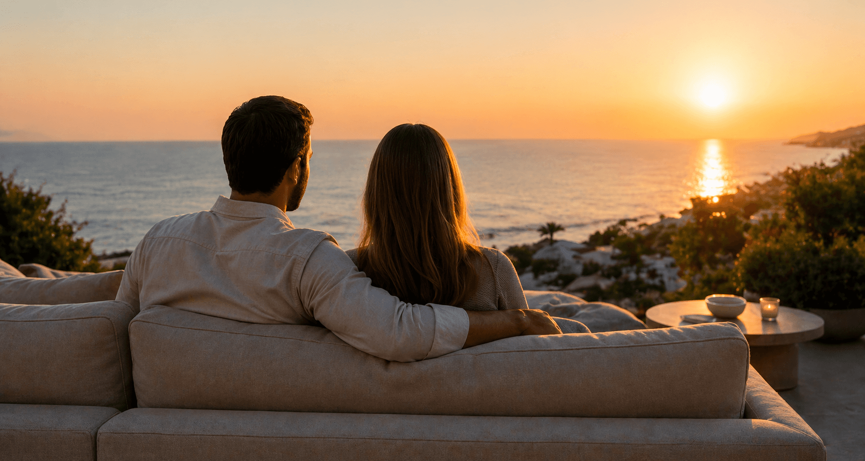 Paar auf Terrasse beim Sonnenuntergang